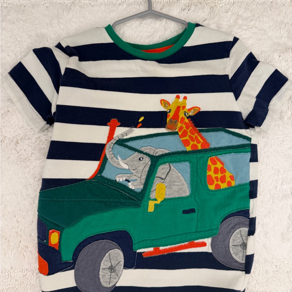 Mini Boden Navy & White Striped Tee with Green Jeep and Safari Appliqués